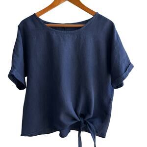 CHERISHH Top Womens Large Navy 100% Linen Front Tie Coastal Beachy Resort Wear